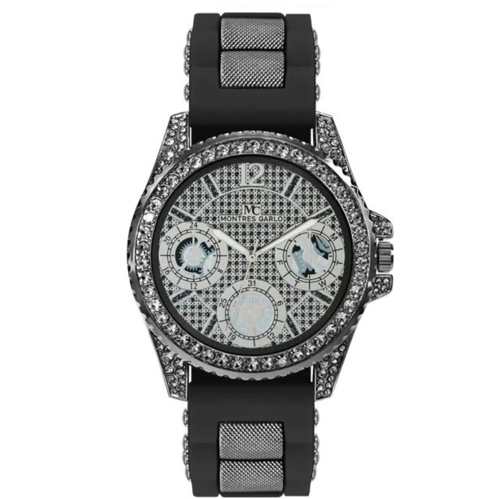 48mm Montres Carlo Men's Fashion Stones Sport Black Silicone Band Dress Watch